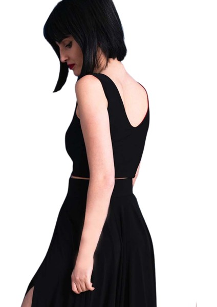 Çift Taraflı Kadın Sırt Dekolteli Desenli Crop Bluz Siyah - Soyut