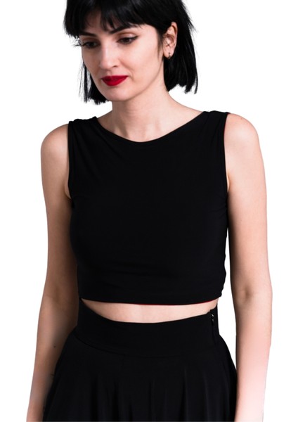Çift Taraflı Kadın Sırt Dekolteli Desenli Crop Bluz Siyah - Soyut