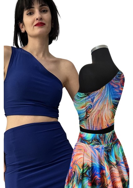 Çift Taraflı Kadın Tek Omuz Desenli Crop Bluz Mavi - Soyut