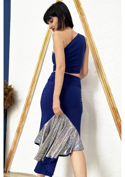 Çift Taraflı Kadın Tek Omuz Desenli Crop Bluz Mavi - Soyut