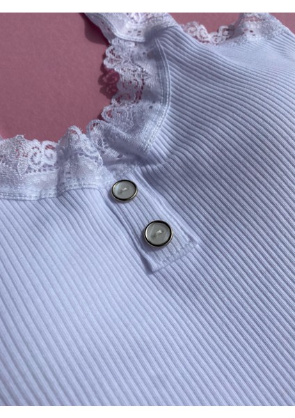 Pedli, Düğme Detaylı Dantelli Askı-Ribana, Pamuklu 2’li Siyah ve Beyaz Fitilli Kadın Atlet 64A34