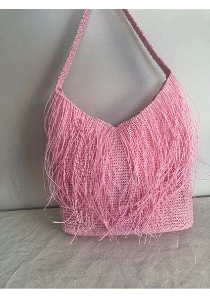 El Örgüsü Pembe Kağıt Ip Saçaklı Astarlı Günlük ve Plaj Kadın Omuz Çantası