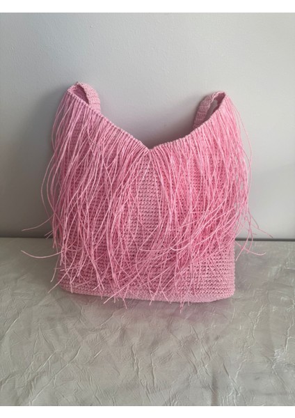 El Örgüsü Pembe Kağıt Ip Saçaklı Astarlı Günlük ve Plaj Kadın Omuz Çantası