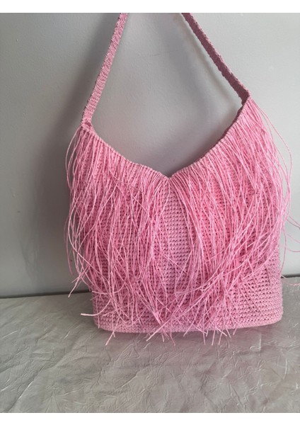 El Örgüsü Pembe Kağıt Ip Saçaklı Astarlı Günlük ve Plaj Kadın Omuz Çantası