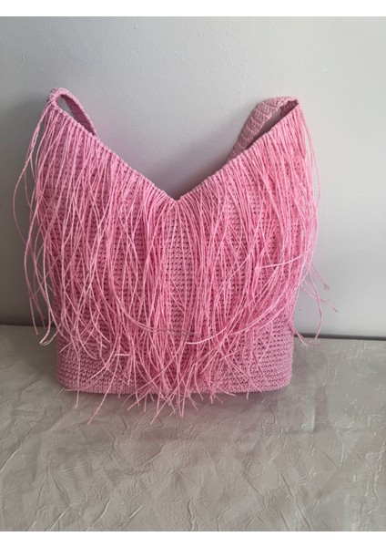 El Örgüsü Pembe Kağıt Ip Saçaklı Astarlı Günlük ve Plaj Kadın Omuz Çantası