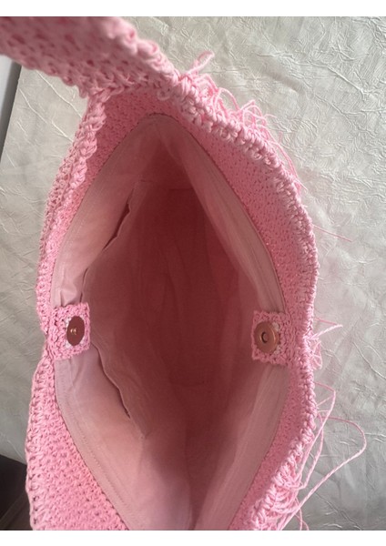 El Örgüsü Pembe Kağıt Ip Saçaklı Astarlı Günlük ve Plaj Kadın Omuz Çantası