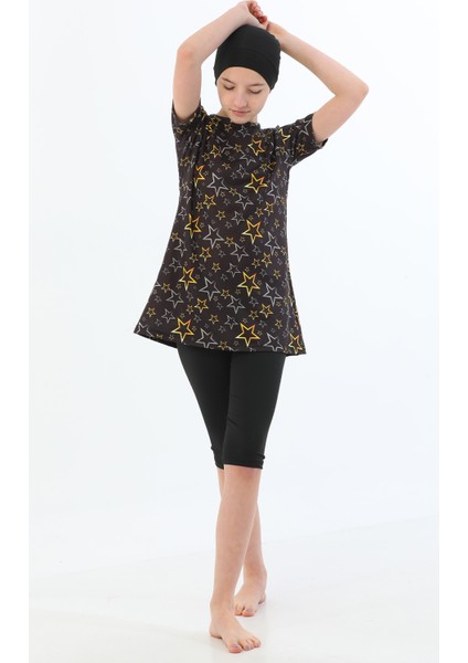 11 12 Yaş Su Tutmaz Itici Özellikli Uzun Kol Tam Kapalı 3 Parça Çocuk Tesettür Mayo Taytlı Takım