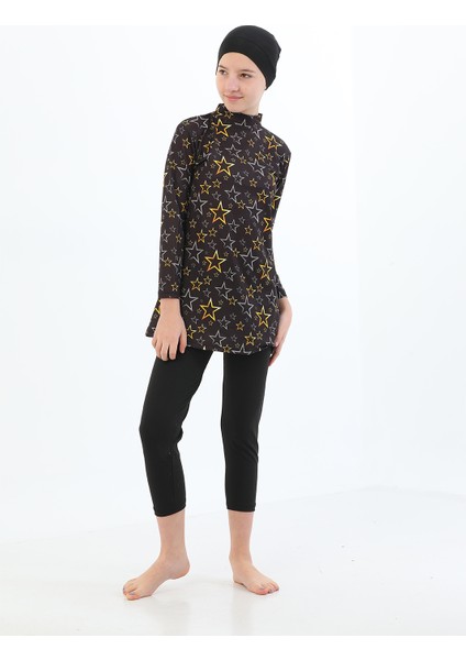 11 12 Yaş Su Tutmaz Itici Özellikli Uzun Kol Tam Kapalı 3 Parça Çocuk Tesettür Mayo Taytlı Takım modelleri