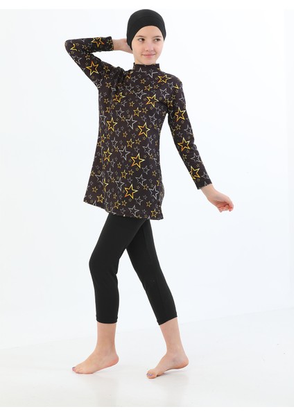 11 12 Yaş Su Tutmaz Itici Özellikli Uzun Kol Tam Kapalı 3 Parça Çocuk Tesettür Mayo Taytlı Takım fırsatları