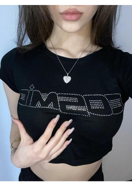 Siyah Parıltılı Taşlı Cosmic Yazılı Kadın Crop Body