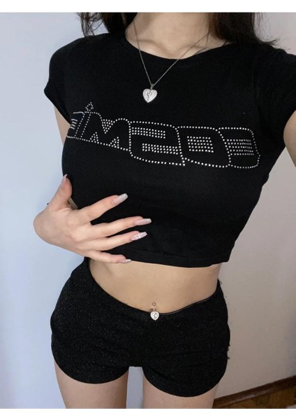 Siyah Parıltılı Taşlı Cosmic Yazılı Kadın Crop Body indirimleri