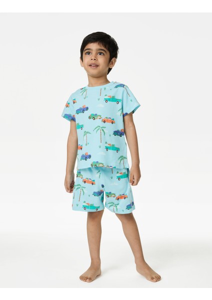 Marks & Spencer Saf Pamuklu Desenli Şortlu Pijama Takımı 1-8 Yaş