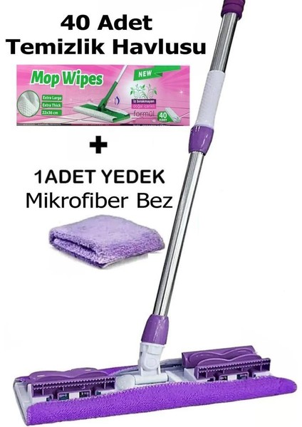 40 Adet Süper Islak Havlu Hediyeli Yer Cam Silme Mopu Mikrofiber Yedek Bezli Yer Duvar Fayans Silme