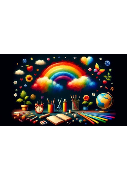 Renkli Dünyalar Gökkuşağı ve Sanat Malzemeleri Temalı Arkaplan 200 x 150 cm Fon Duvar Örtüsü