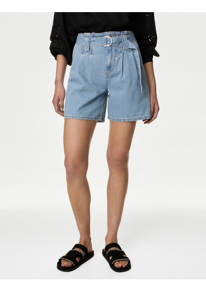 Saf Pamuklu Kemerli Denim Şort