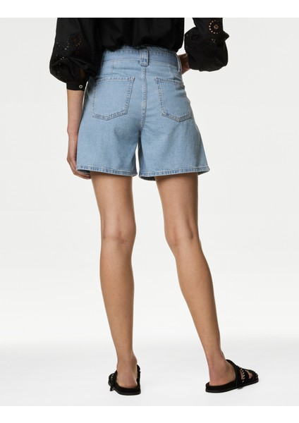 Saf Pamuklu Kemerli Denim Şort