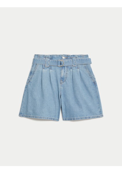 Saf Pamuklu Kemerli Denim Şort
