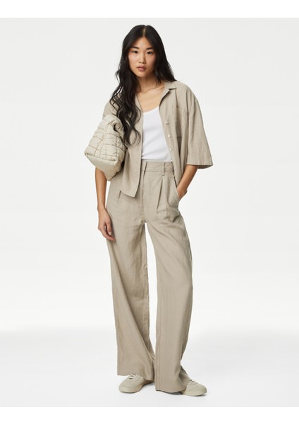Wide Leg Saf Keten Pantolon