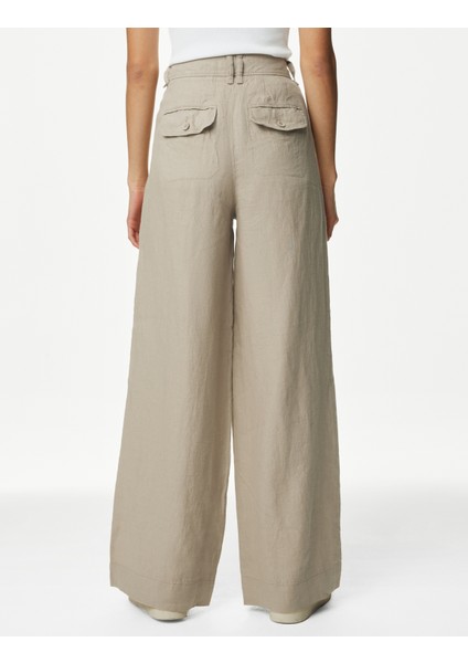 Wide Leg Saf Keten Pantolon