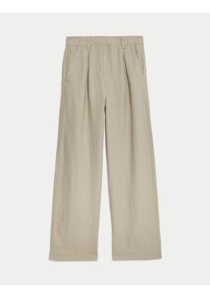 Wide Leg Saf Keten Pantolon