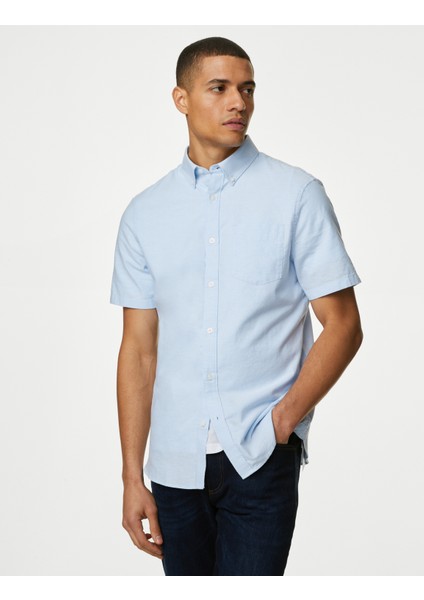 Saf Pamuklu Kısa Kollu Oxford Gömlek