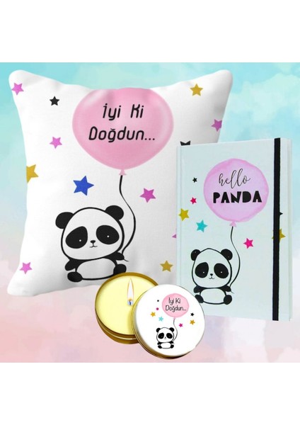 Iyi Ki Doğdun Yastık ve Arkadaşa Hediye Hello Panda Anı Defteri & Sakız Kokulu Panda Mum