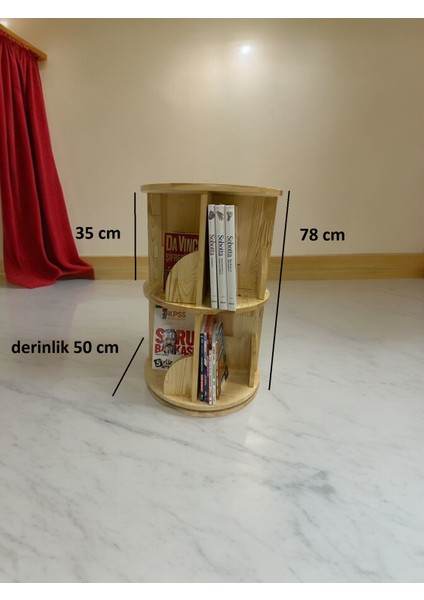 360° Çam Masif Ahşap Dekoratif Döner Kitaplık 78X50 cm