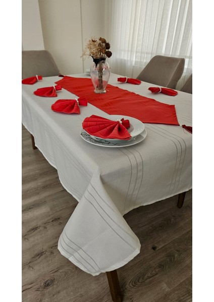 Colber Çizgi Detaylı Masa Örtüsü (Krem-Kırmızı) 8 Kişilik 18 Parça - Masa 160X180...160X350 modelleri