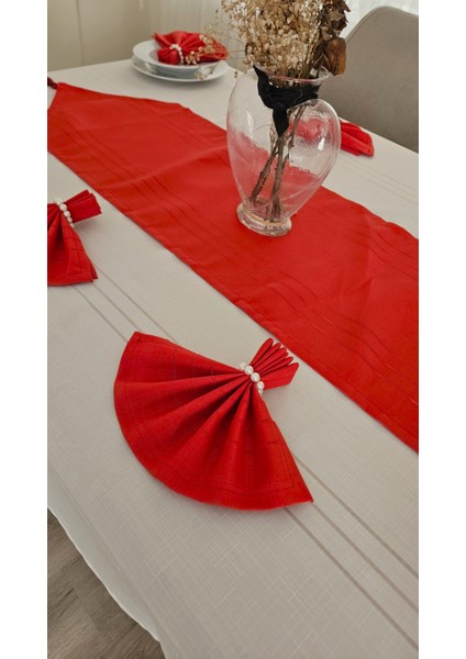 Colber Çizgi Detaylı Masa Örtüsü (Krem-Kırmızı) 8 Kişilik 18 Parça - Masa 160X180...160X350 fırsatları