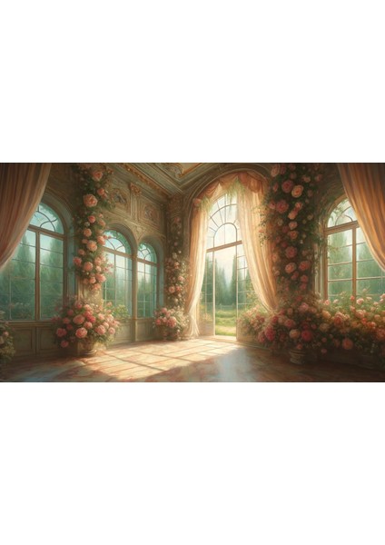 Romantik Çiçeklerle Süslenmiş Zarif Oda Arkaplan 200 x 150 cm Fon Duvar Örtüsü