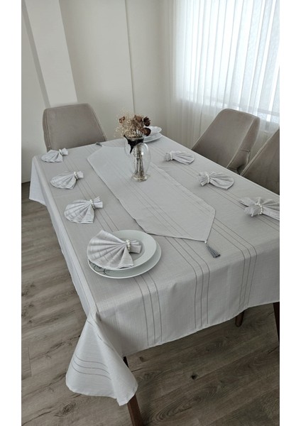Colber Çizgi Detaylı Masa Örtüsü Gri 8 Kişilik 18 Parça - Masa 160X180...160X350