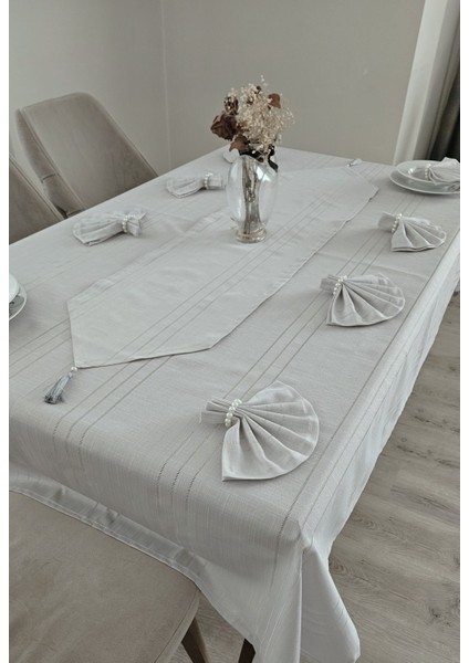 Colber Çizgi Detaylı Masa Örtüsü Gri 8 Kişilik 18 Parça - Masa 160X180...160X350 modelleri