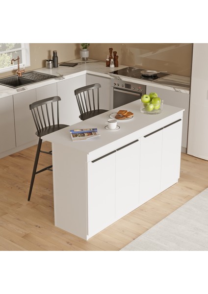Steel 4 Kapaklı 160CM Ada Mutfak Yemek Masası Beyaz Sl1-W