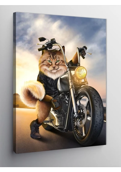 Kanvas Tablo Chopper Motor Süren Kedi