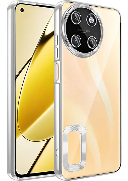 Realme 11 4g Kapak Yanları Renkli Lens Korumalı Logo Gösteren Şeffaf Luxury Silikon Kılıf - Gümüş