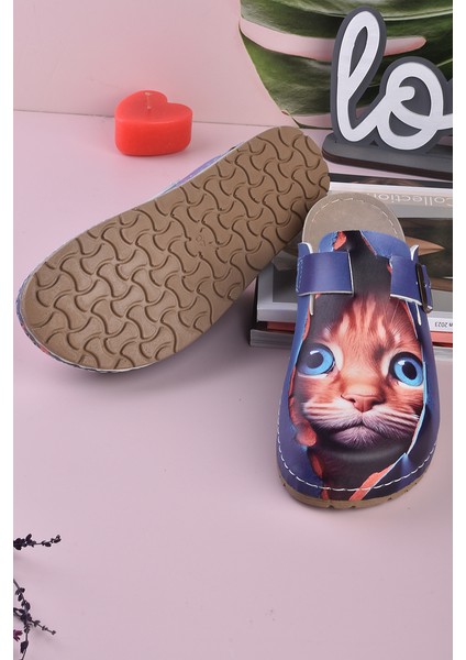 8074 Mavi Gözlü Kedi Baskılı Konfort Sabo Terlik