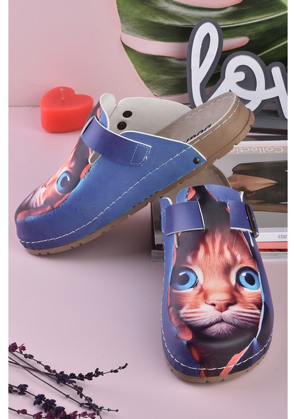 8074 Mavi Gözlü Kedi Baskılı Konfort Sabo Terlik fiyatları