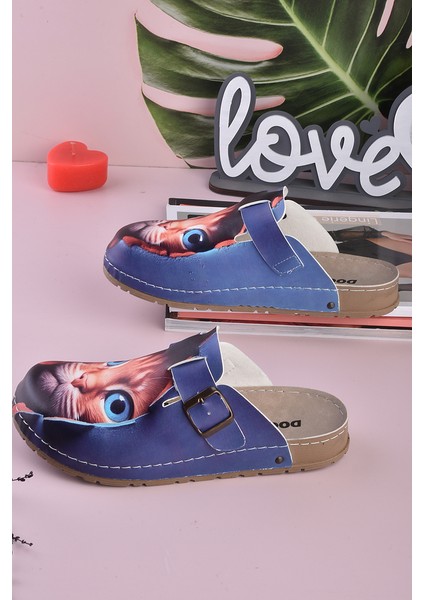 8074 Mavi Gözlü Kedi Baskılı Konfort Sabo Terlik modelleri