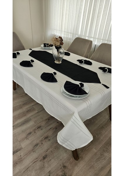 Colber Çizgi Detaylı Masa Örtüsü (Krem-Siyah) 12 Kişilik 26 Parça - Masa 160X220...160X400