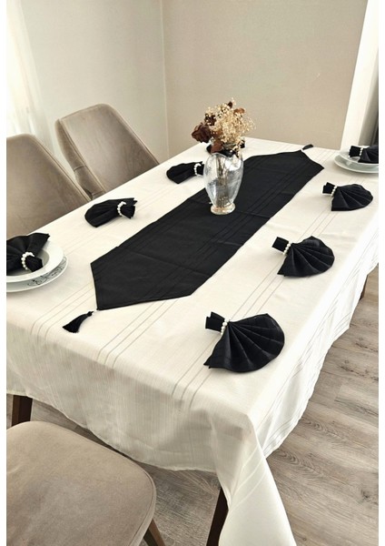 Colber Çizgi Detaylı Masa Örtüsü (Krem-Siyah) 12 Kişilik 26 Parça - Masa 160X220...160X400 fiyatları