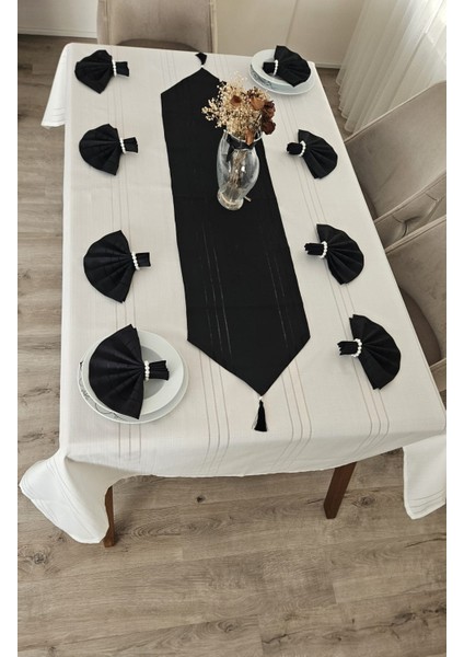 Colber Çizgi Detaylı Masa Örtüsü (Krem-Siyah) 12 Kişilik 26 Parça - Masa 160X220...160X400 modelleri