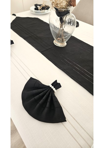 Colber Çizgi Detaylı Masa Örtüsü (Krem-Siyah) 12 Kişilik 26 Parça - Masa 160X220...160X400 fırsatları