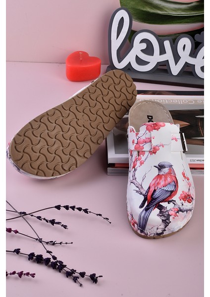 8077 Renkli Kuş Baskılı Konfort Sabo Terlik