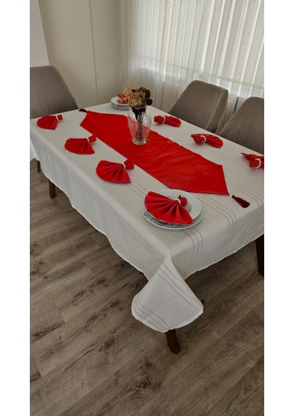 Colber Çizgi Detaylı Masa Örtüsü (Krem-Kırmızı) 12 Kişilik 26 Parça - Masa 160X220...160X400