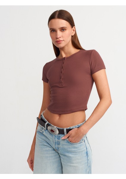 30938 Düğme Detaylı Crop Top-Kahve modelleri