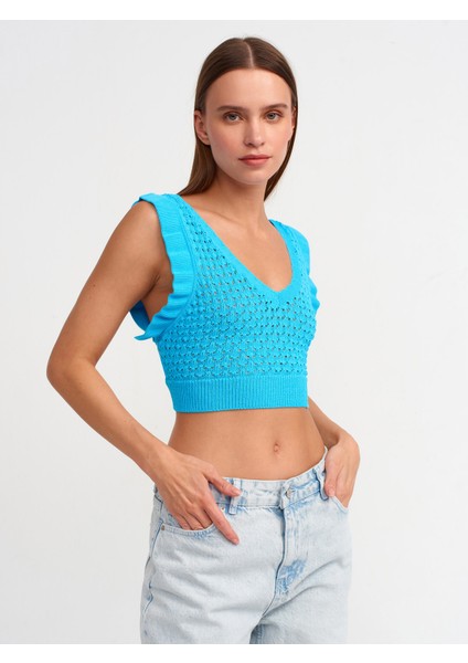 10546 V Yaka Fırfırlı Triko Crop-Turkuaz fiyatları