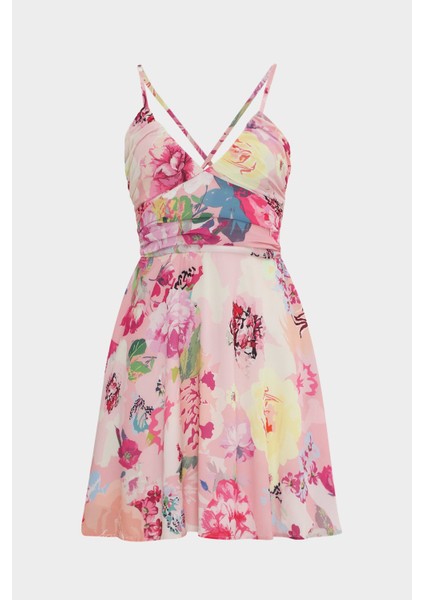 Askılı Gipe Detaylı Cut Out Çiçek Desenli Mini Kadın Elbise