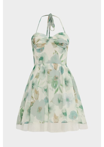 Tül Detaylı Şifon Mini Kadın Elbise