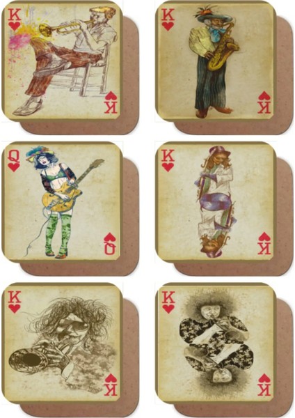 Major Selection Müzisyenler Oyun Kağıdı Konseptli 6 Retro Ahşap Bardak Altlığı Seti