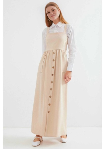 Kadın Bej Askılı Düğme Detaylı Cepli Kuşaklı Uzun Elbise HZL24S-BD124901 fiyatları